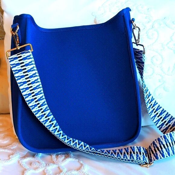 Ah dorned Royal Blue Neoprene Messenger Bag Style -Blue/Black White Woven Strap - Picture 3 of 15